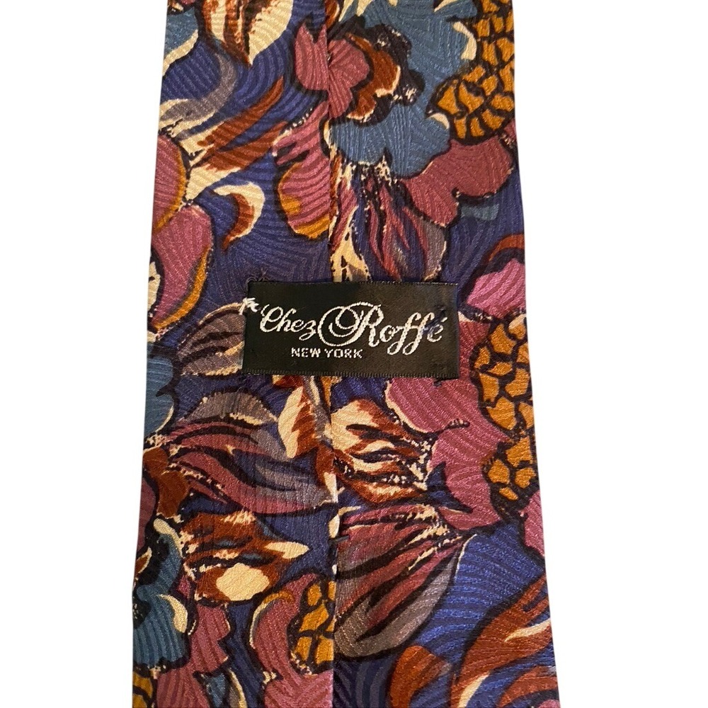 Chez‎ Roffe New York Mens Silk Necktie Abstract Floral Purple Blue Gold USA Made